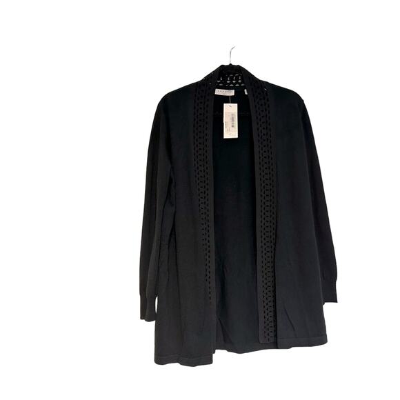 NWT Sandro Paris Size 3/Large  Black Laser Cut Wool Open Front Sweater Long Line - Picture 1 of 13